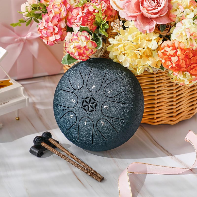 PUJONI Steel Tongue Drum, 6 Inch 8 Notes Percussion Instruments with Music Book, Mallets, Carry Bag, Finger Picks, Gifts for Beginners Musical Education & Adults Relaxation Meditation (Navy) - Image 5